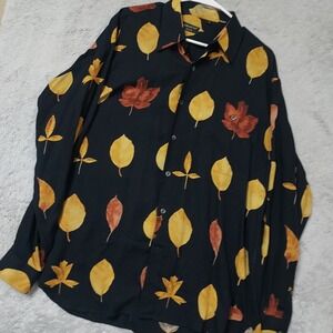 Riscatto Shirt Mens Large Fall Leaf Print 100% Rayon Button Down Black Retro L